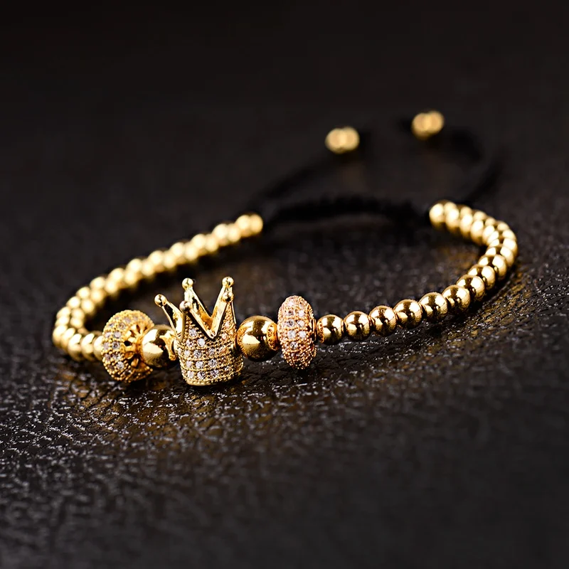 Дизайн Роскошный Золотой Корона Белый Циркон CZ мужской плетеный браслет медное колесо бусины браслеты и браслеты для женщин AB1295
