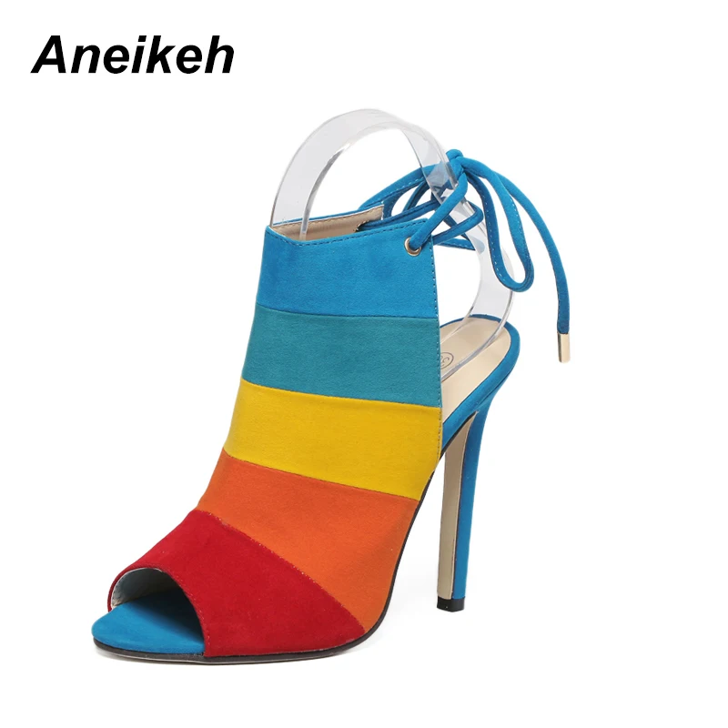 

Aneikeh 2019 Spring Autumn Color Matching Ladies Sandals Novelty Stiletto Lace-Up Open Toe Ankle Strap High Heel Women's Shoes