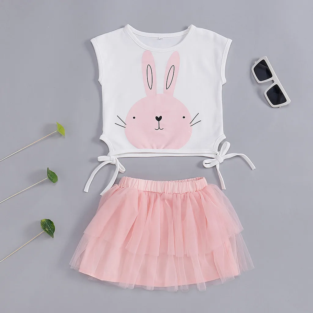 

girls summer outfits bubble skirt Infant Baby Girl Kid Cartoon Rabbit Printed Vest Tops T Shirt+Tutu Skirt Outfits Set 2Pcs