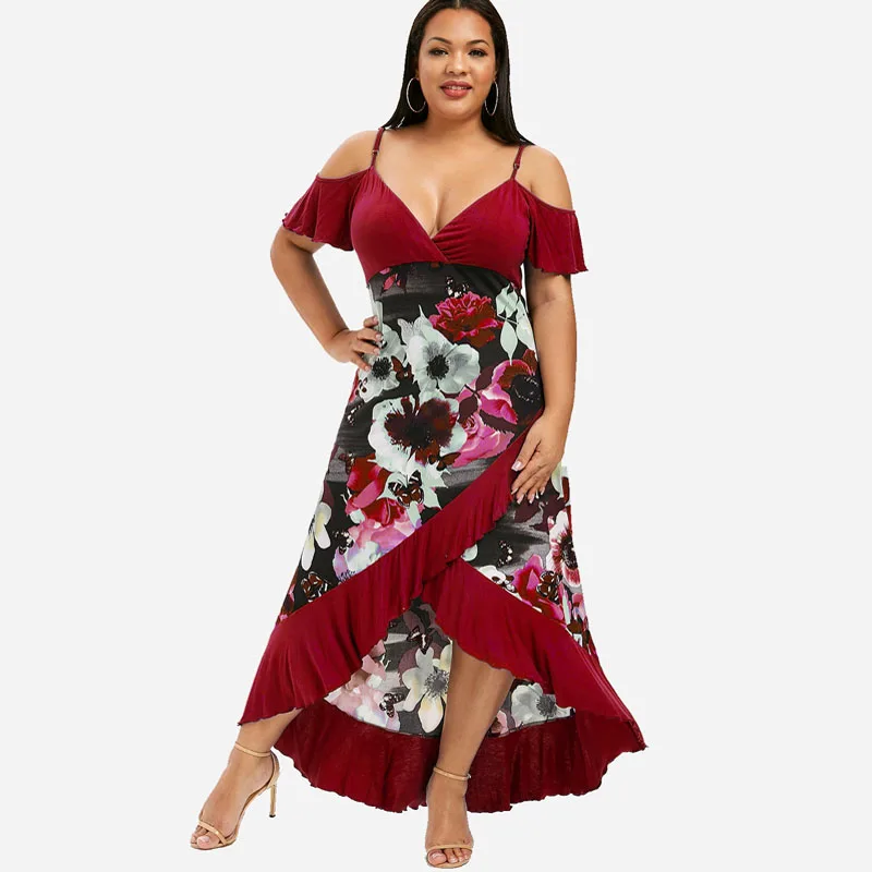 

Wipalo Plus Size Summer Fashion High Low Ruffle Spaghetti Strap Ankle-Length Dress Open Shoulder Color Block Flounce Dress 5XL