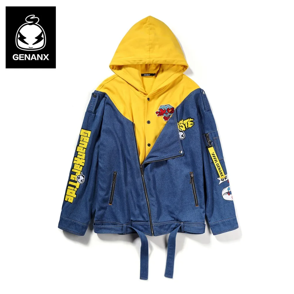 denim jacket with yellow hoodie