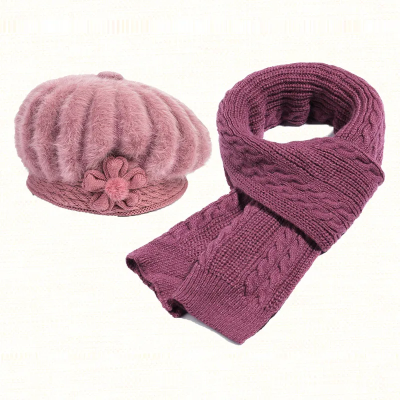 Pink Hat Set Красивая Женская зимняя меховая шапка, шапка, набор, кепки с цветами, женские головные уборы, теплые шапки, женские зимние шапки из кроличьего меха, вязанные Beani - Цвет: Pink Hat Set