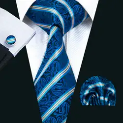LS-1414 Барри. ван классический Для мужчин галстук синий полосатый 100% шелковый галстук Ханки Запонки Набор для Для мужчин; Свадебная вечеринка
