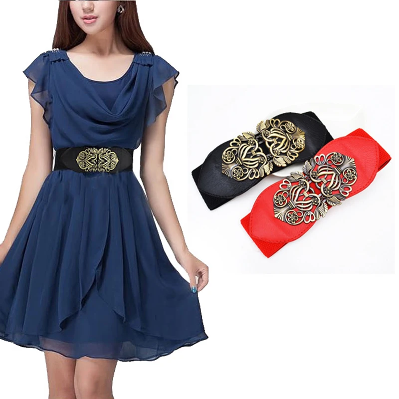 Women's elastic wide belt gold buckle cummerbund female elastic strap ...