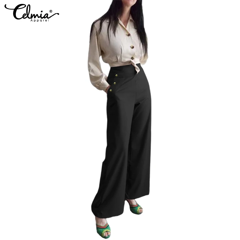 

Celmia Women High Waist Pants 2019 Summer Casual Solid Wide Leg Trousers Long Pantalon Loose Office Ladies Palazzo Plus Size 5XL