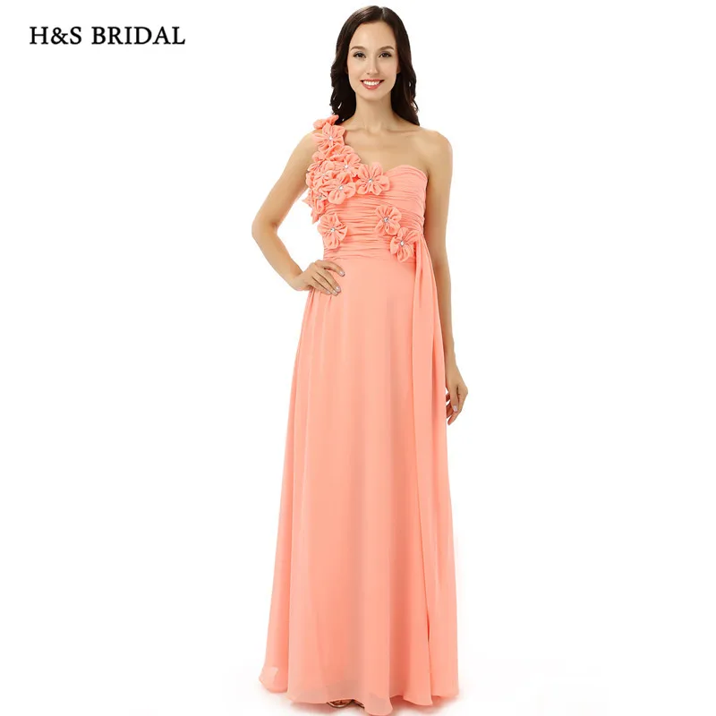 H S BRIDAL Pink One Shoulder Flowers Formal Evening Dresses Long Elegant Sweep Train Women Prom 