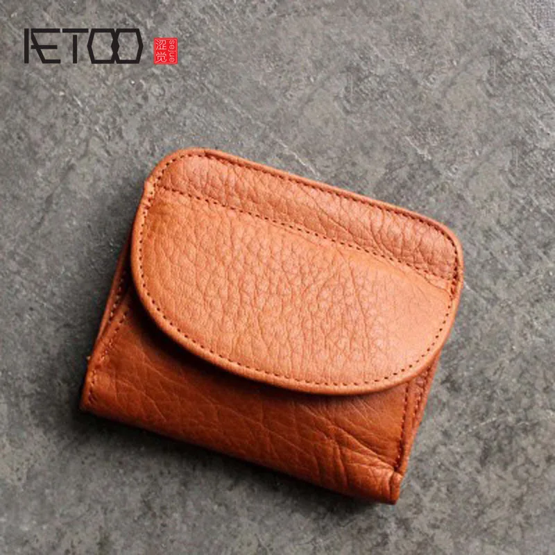 

AETOO Shell leather wallet female short paragraph first layer of leather mini buckle coin coin bag Japan and South Korea cute li