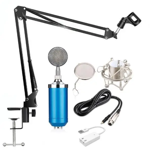 blue set BM-8000, профессиональный звукозаписывающий конденсаторный проводной микрофон с 3,5 мм разъемом, держатель, поп-фильтр для KTV - Цвет: blue set