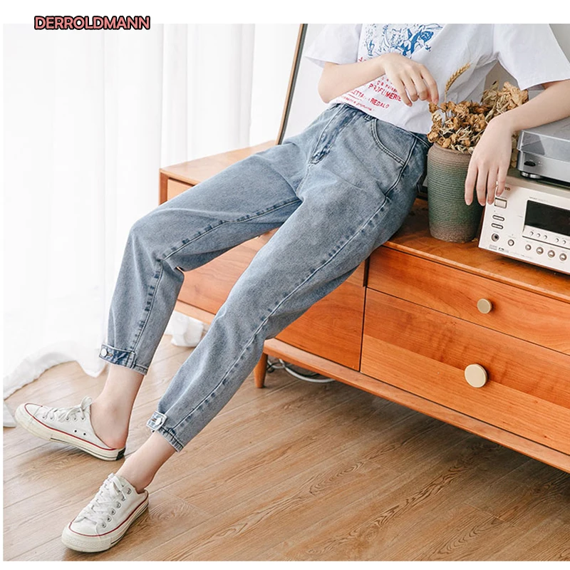 Шаровары с высокой талией свободные длинные брюки мягкие удобные джинсы с классическими пуговицами на манжетах модные женские джинсы с карманами