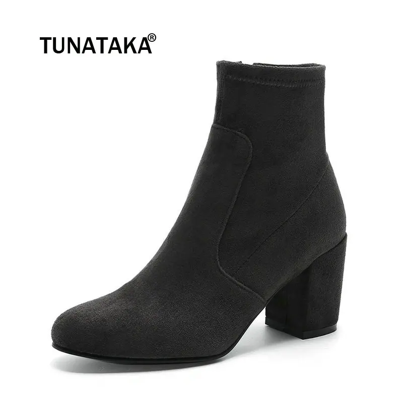 

Women Suede Fashion Zipper Ankle Boots Ladies Thick High Heel Square Toe Autumn Shoes Black Gray