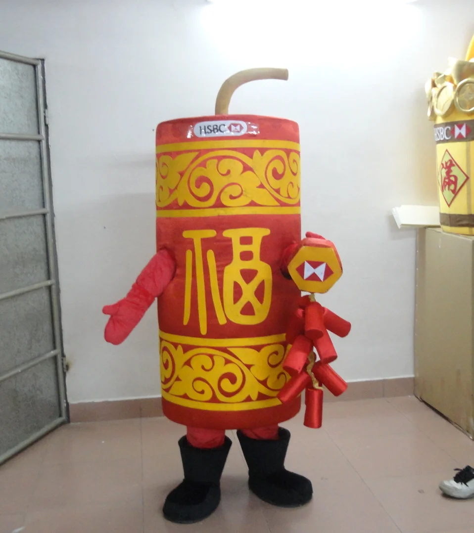

Cool Red Firecracker Firework Banger Cracker Squib Petard Mascot Costume With Fat Cylinder Body Yellow Dress