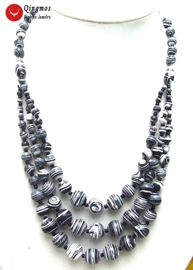Qingmos 3 Strings Natural Agates Necklace for Women with 4-12mm Round Multicolor Zebra Stripe Agates Necklace Jewelry 20-22