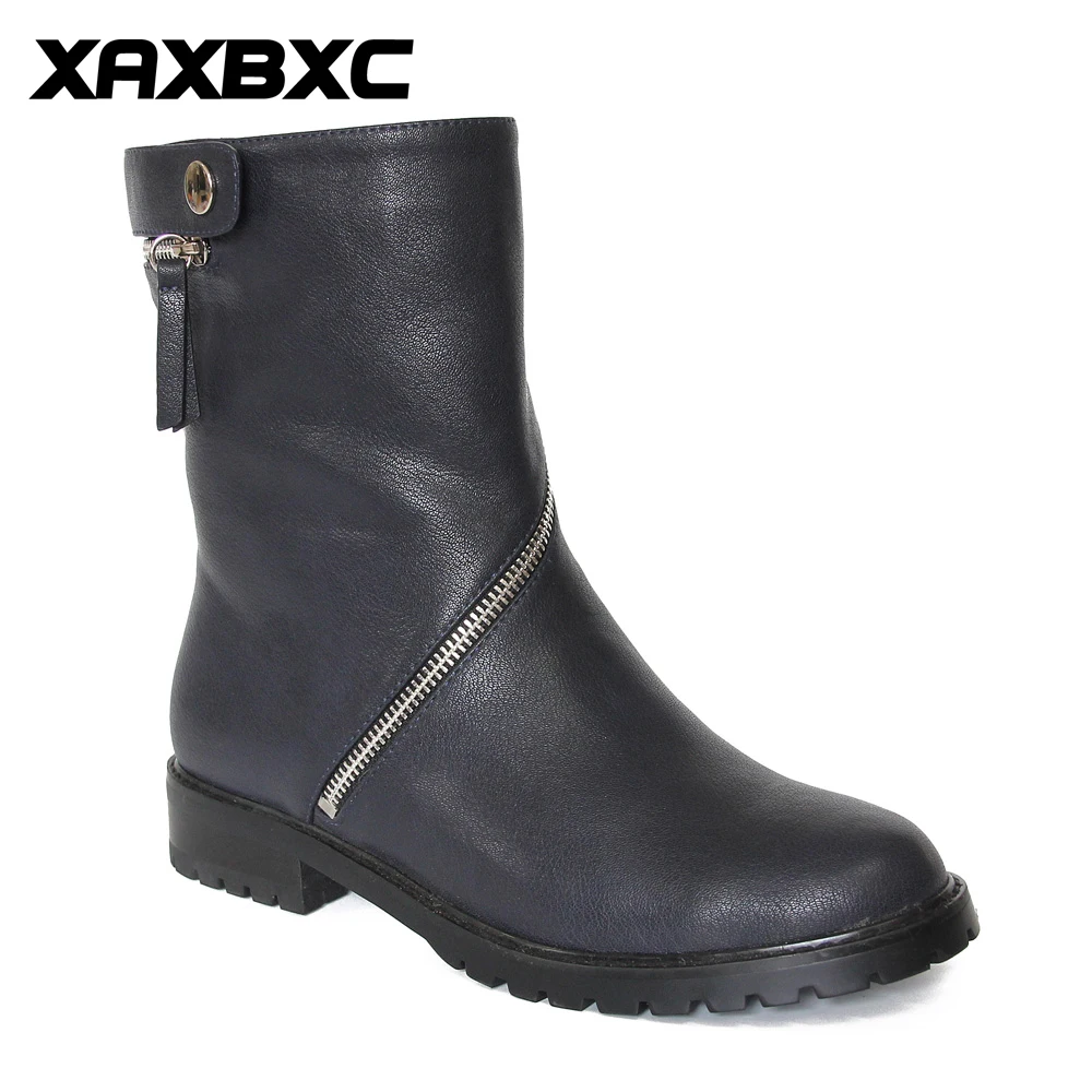 

XAXBXC Retro British Style Leather Oxfords Blue Short Boot Women Boots Metal Zipper Round Toe Handmade Casual Lady Shoes