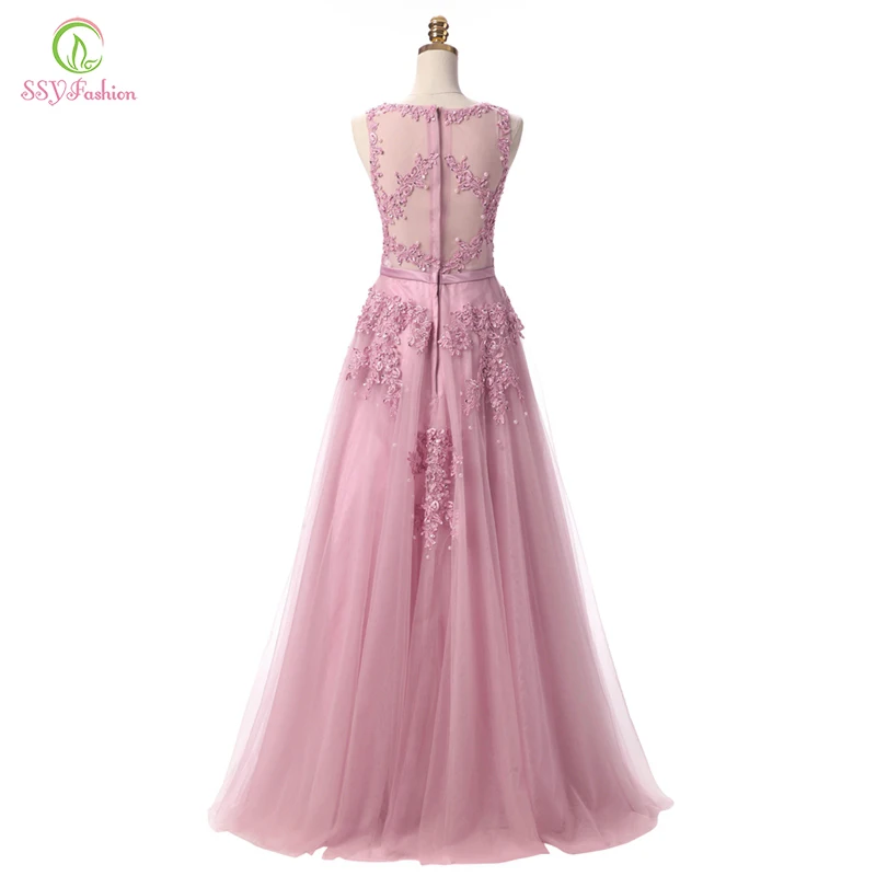 Günstige Robe De Soiree SSYFashion Süße Rosa Spitze Perlen Lange Abendkleid Braut Scoop Ärmel Transparent Bankett Sexy Prom Kleid