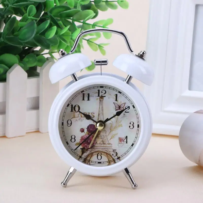 Vintage Bell Alarm Clock and Nightlight Silent No Ticking Flower+Iron Tower Clock Desk Table Bedroom Office Clocks Home Decor