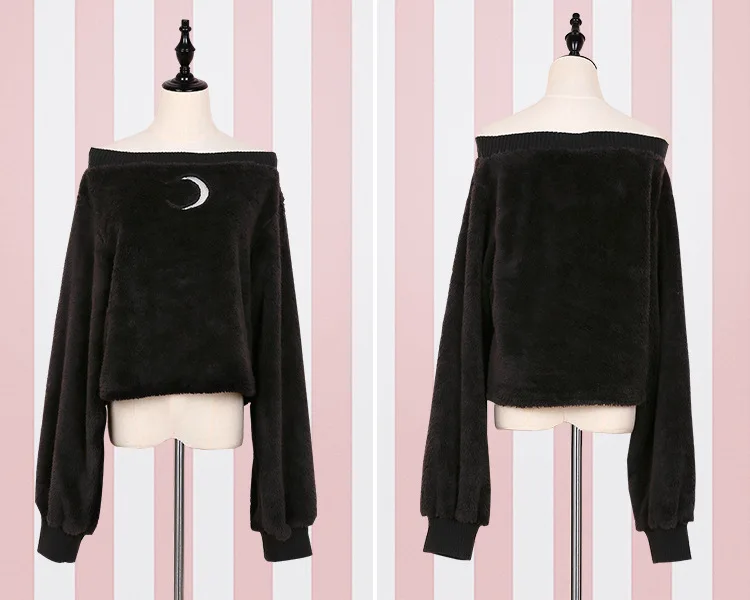 Женский теплый зимний свитер черный плюшевый с длинным рукавом Луна открытыми плечами Свободный пуловер свитер