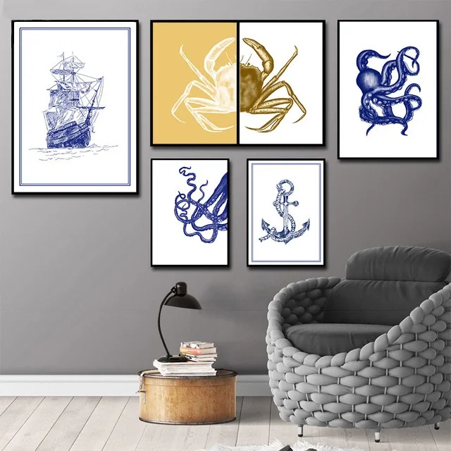 Nautical Sail Boat Octopus Crab Canvas Painting Wall Art