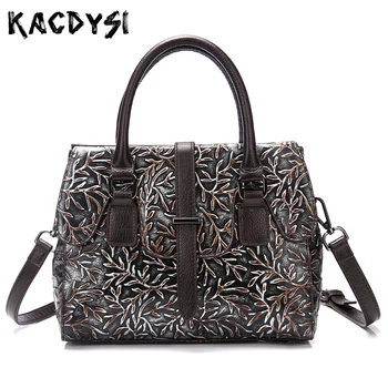 

KACDYSI Original Handmade Manual Cow Real Leather Women Tote Purse Briefcase Shoulder Bag Embossed Vintage Ladies Messenger Bag
