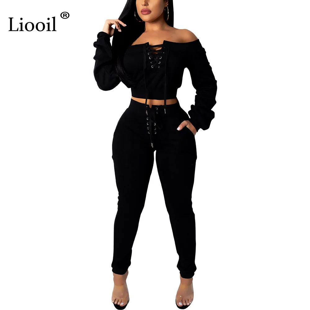 Liooil Off Shoulder 2pcs Active Set Women Outfits Sweatshirt Long Sleeve Crop Top And Pants Lace-Up Track Suits Woman Sets - Цвет: Черный