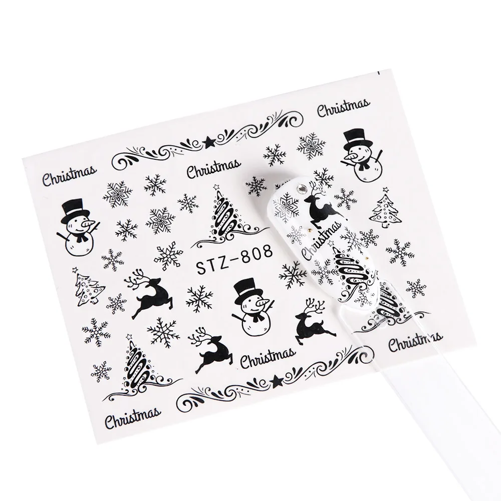 1 шт белый черный стикер для дизайна ногтей Рождественский дизайн переводная наклейка водяной знак слайдер Санта Клаус декоративные советы JISTZ797-808 - Цвет: STZ808 snowflake
