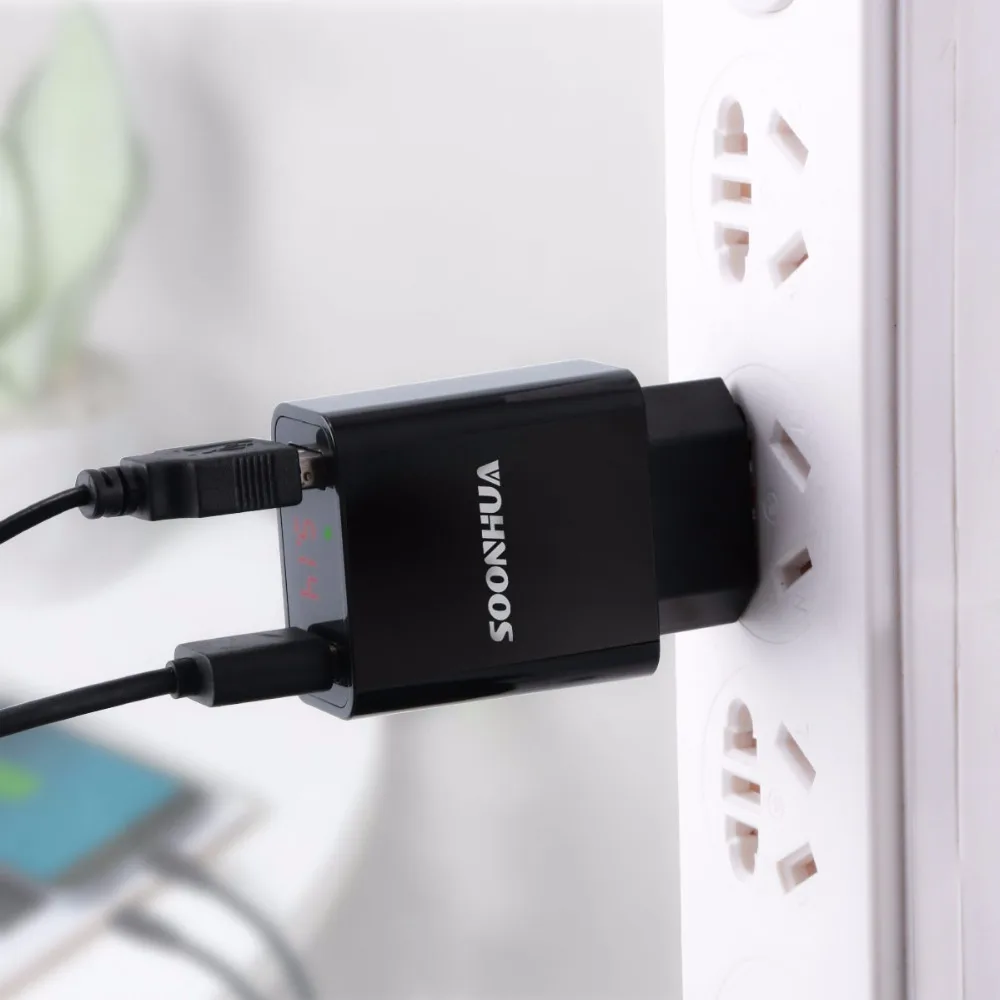 SOONHUA Универсальное зарядное устройство с двумя портами usb, 5 В, 2 А, быстрая зарядка, огнестойкий настенный адаптер, светодиодный, цифровой дисплей, умная защита