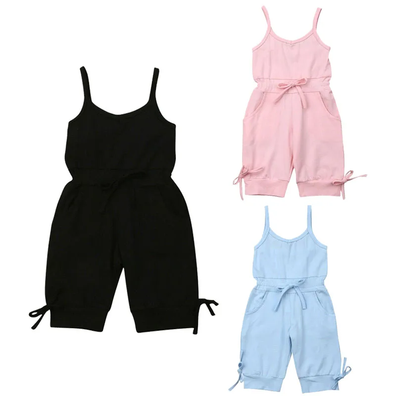 

1-6Y Summer Toddler Kids Baby Girl Sleeveless V-neck Solid Color Bowknot Strap Cotton Romper Jumpsuit One Pieces Summer Clothes