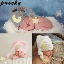 Puseky Симпатичные новорожденных Подставки для фотографий ребенка вязать длинный хвост Шапки крючком теплый Звезда Луна Кепки фотосессия изображение Опора поделки ребенок альбом