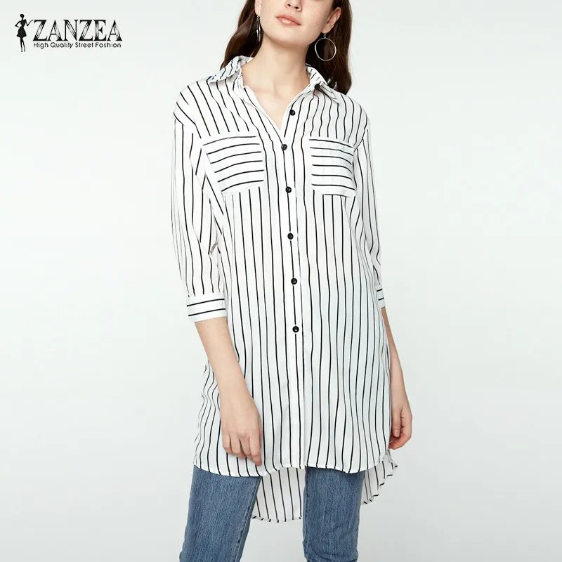 

ZANZEA Women Striped Blusas Shirts 2019 Autumn Elegant 3/4 Sleeve Lapel Casual Loose Asymmetrical Long Blouse Tops Plus Size 6XL