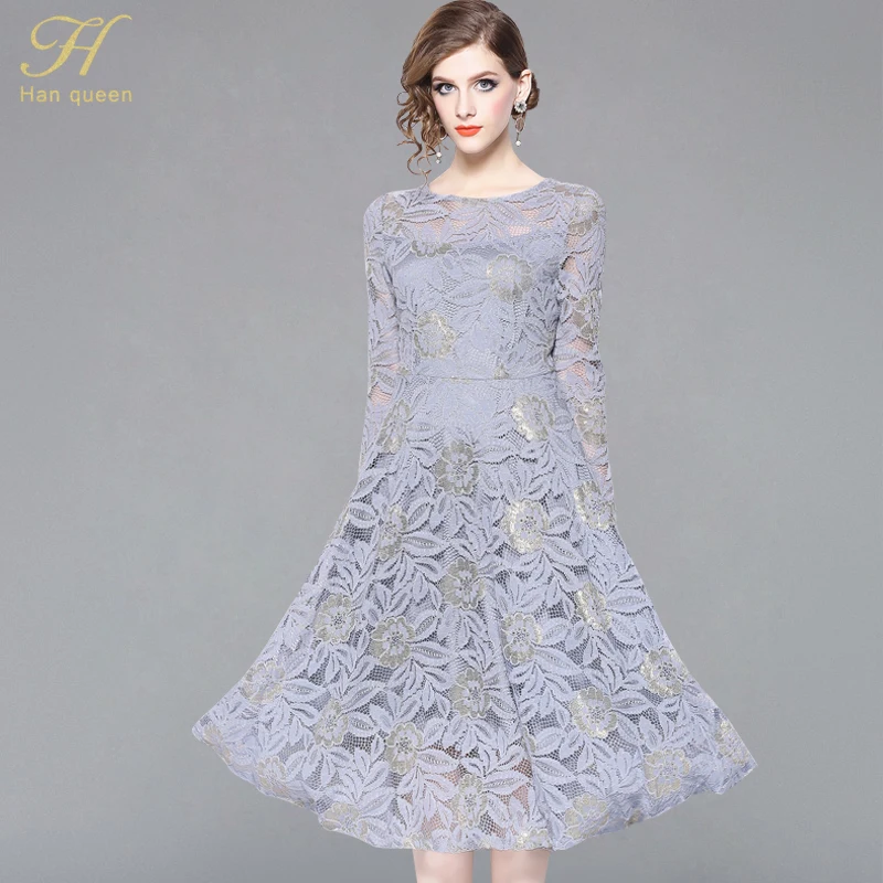 

H Han Queen Women Autumn Plus size Lace Dress Hollow Out O-neck Casual Female Slim Office Sexy Party Dresses