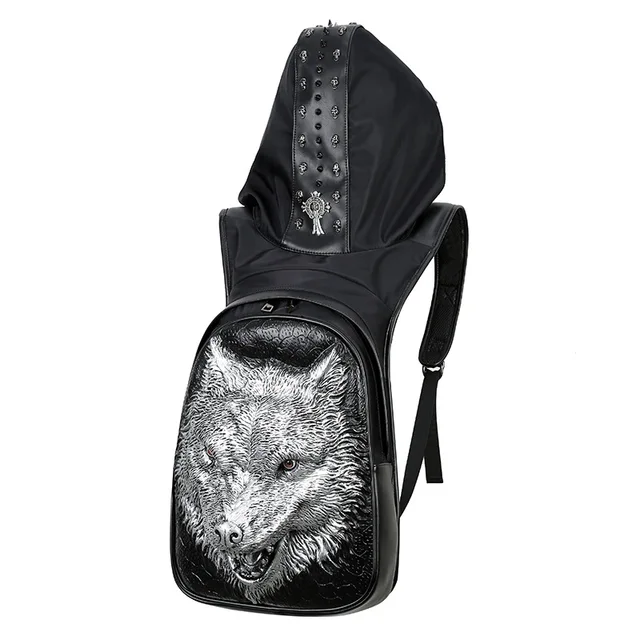 fashion unisex men women black/silver/gold backpack 3D wolf head