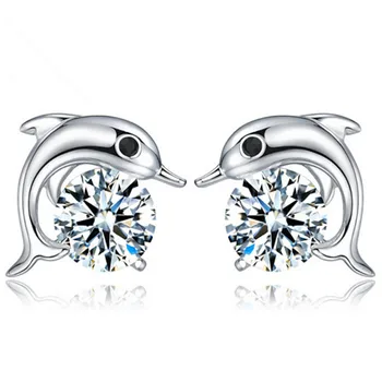 

Wholesale of female silver color earrings with zircon-inlaid in Korean version explosive Dolphin Earrings