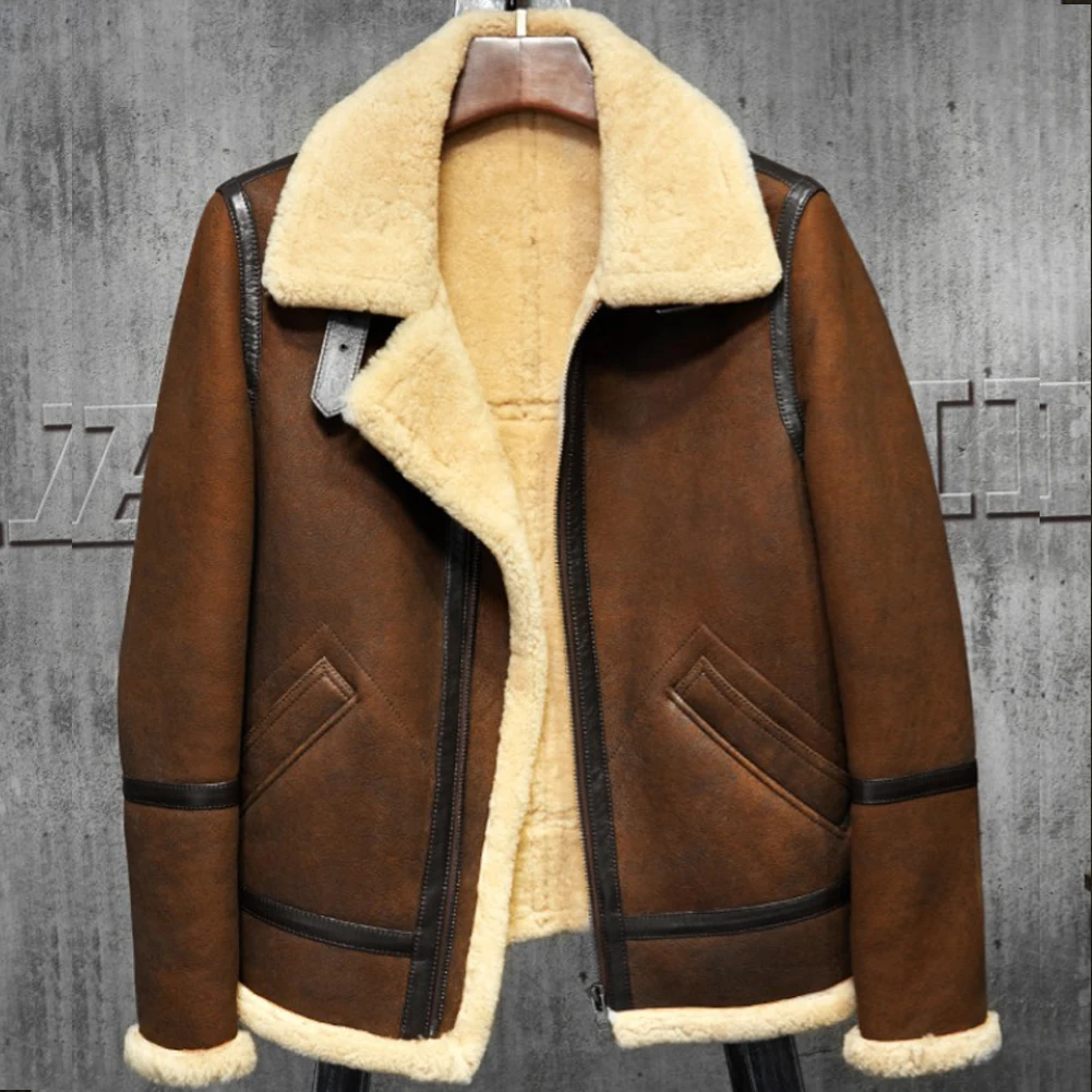 B3 куртка из овчины, Мужская Меховая куртка, коричневая зимняя куртка с отворотом