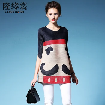 

2016 autumn plus size brief cartoon print top loose medium-long t-shirt female pleated shirts free shipping