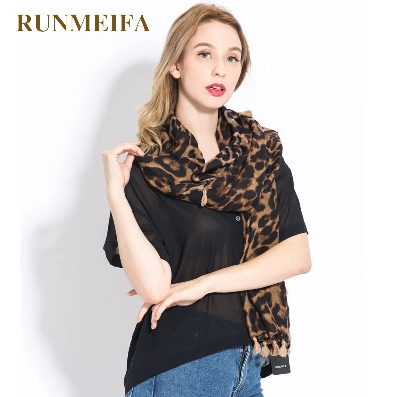 [RUNMEIFA] Модный женский длинный стильный шарф-накидка из хлопка и полиэстера с леопардовым узором