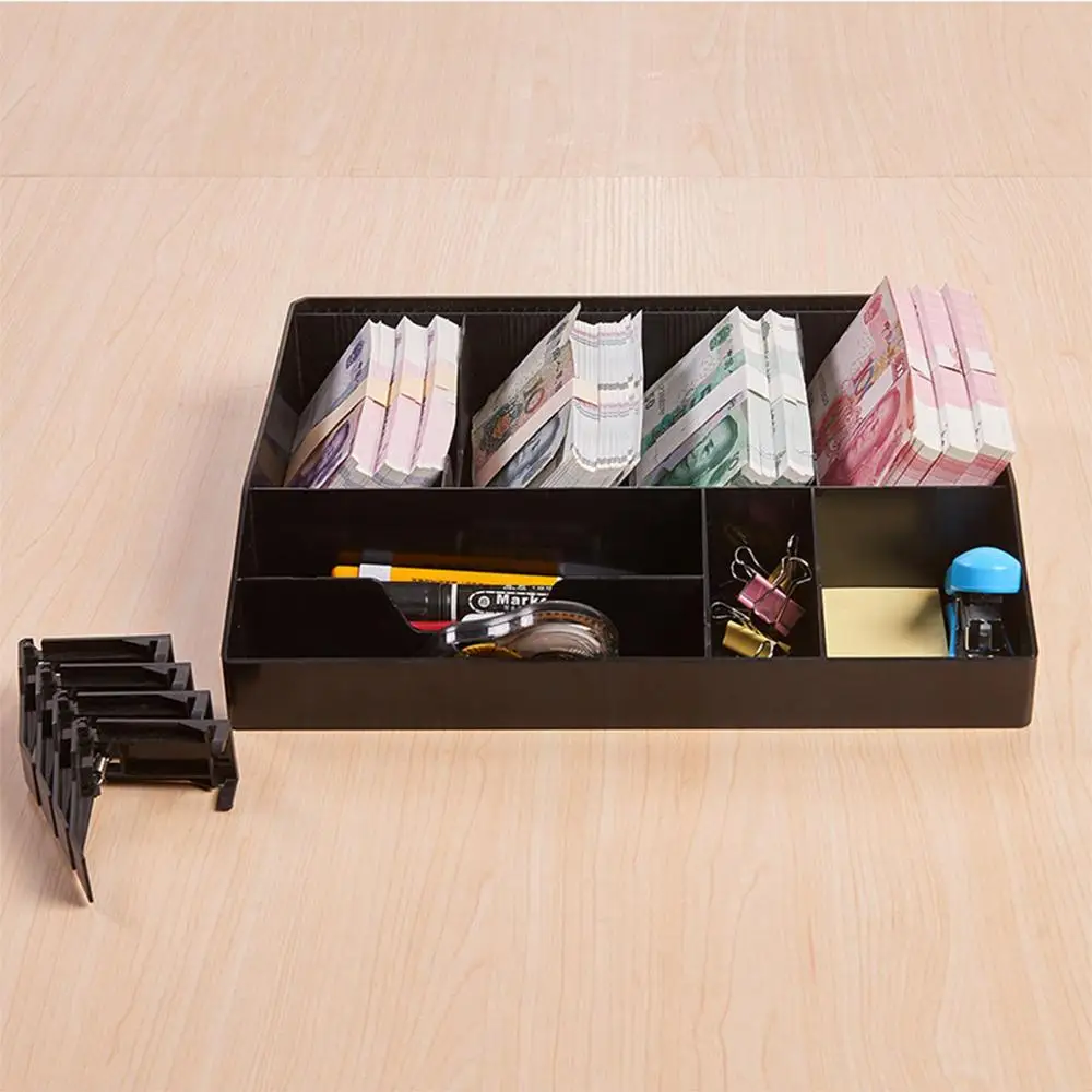 

8 Grids Height Increase Black Plastic Coin Money Storage Box Bill Cash Tray Organizer With 4 Removable Clips