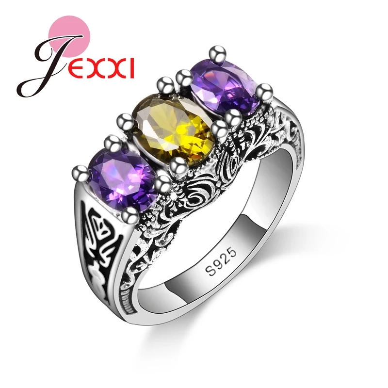 JEXXI New Design Colorful Cubic Zirconia Ring Fashion 925 Sterling Silver Women Wedding Engagement Party Ring Jewelry