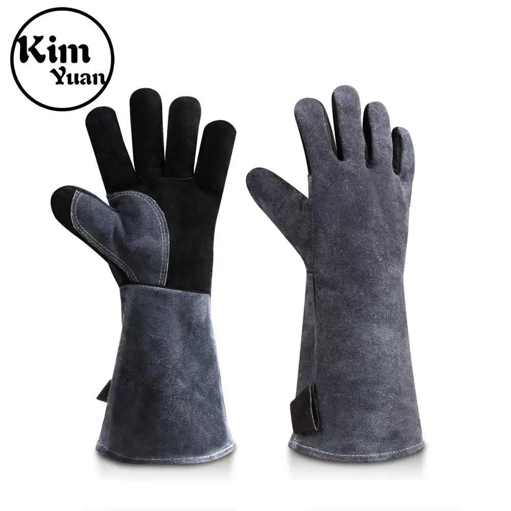 

KIMYUAN 012L Welding Gloves Heat Resistant Perfect for Welder/Cooking/Baking/Beekeeping/Animal Handling/BBQ-Gray-Black 16inches