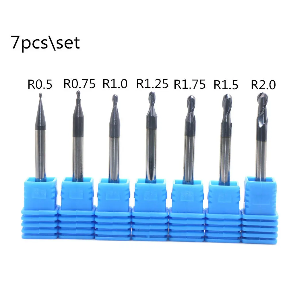 7Pcs Tungsten Carbide 2 flutes Ball Nose End Mill Set CNC tool Radius 0
