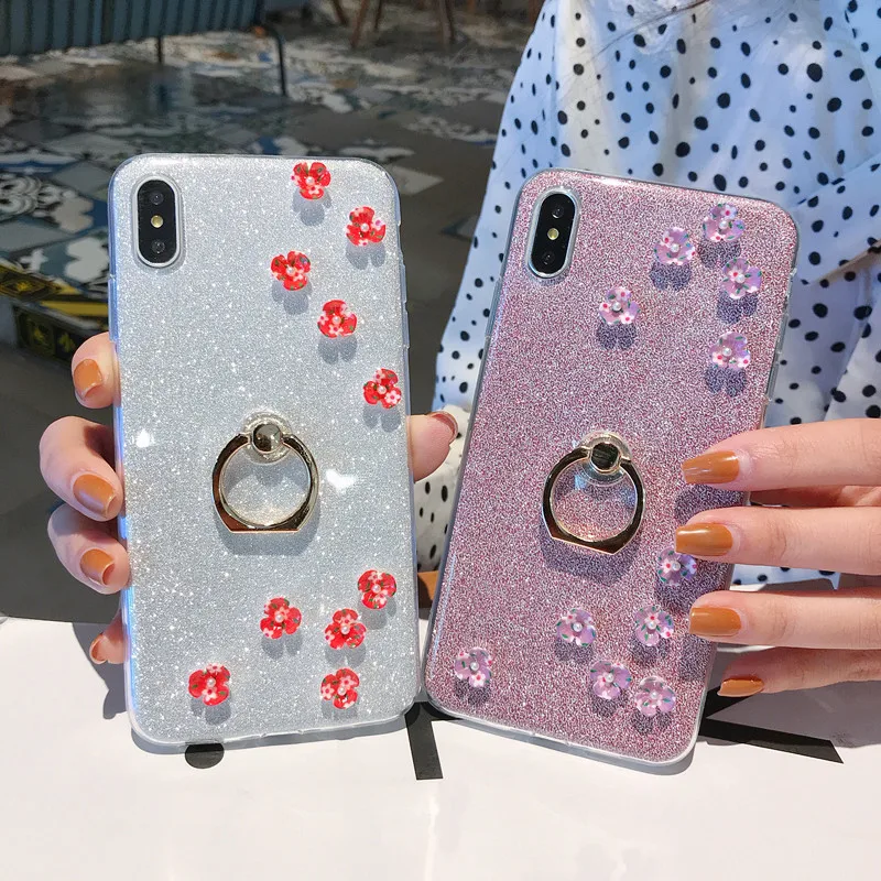 Luxury DIY Handmade Flower Cover for iPhone 4S 5S 6 6S 7 8 Plus X XR XS Max Bling Glitter Finger Ring Flash powder Case |