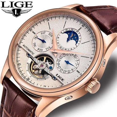 Relógio de Couro Relógio de Pulso Relojes Hombre Lige Marca Relógios Masculinos Automático Relógio Mecânico Tourbillon Esporte Casual Negócios Retro Mod. 114768