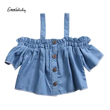 Yaz Yeni Moda Küçük Çocuklar Bebek Kız Rahat Denim Bluzlar Kısa Kollu Straplez Bluz Tops Sevimli Çocuk Kız Benim Bluzlar