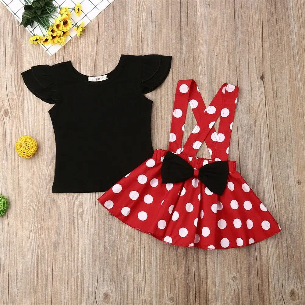 2 шт./компл., комплект одежды для новорожденных девочек, черная футболка+ юбка в горошек с бантом, комбинезоны милые костюмы для маленьких девочек