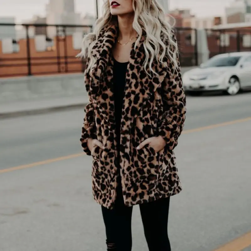 

High quality Luxury Faux Fur coat for Women Coat Winter Warm Fashion Leopard artificial fur Women's Coats Jacket T8
