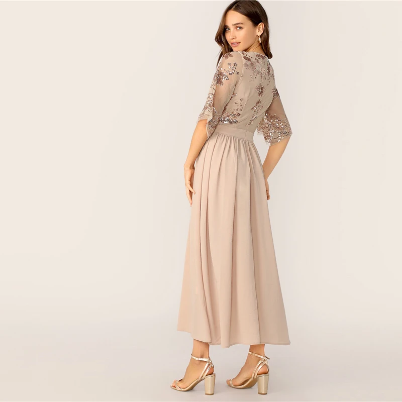 SHEIN модное платье с v-образным вырезом, контрастными пайетками и сетчатыми рукавами, коллекция, Гламурное весенне-летнее абрикосовое ТРАПЕЦИЕВИДНОЕ женское платье с высокой талией