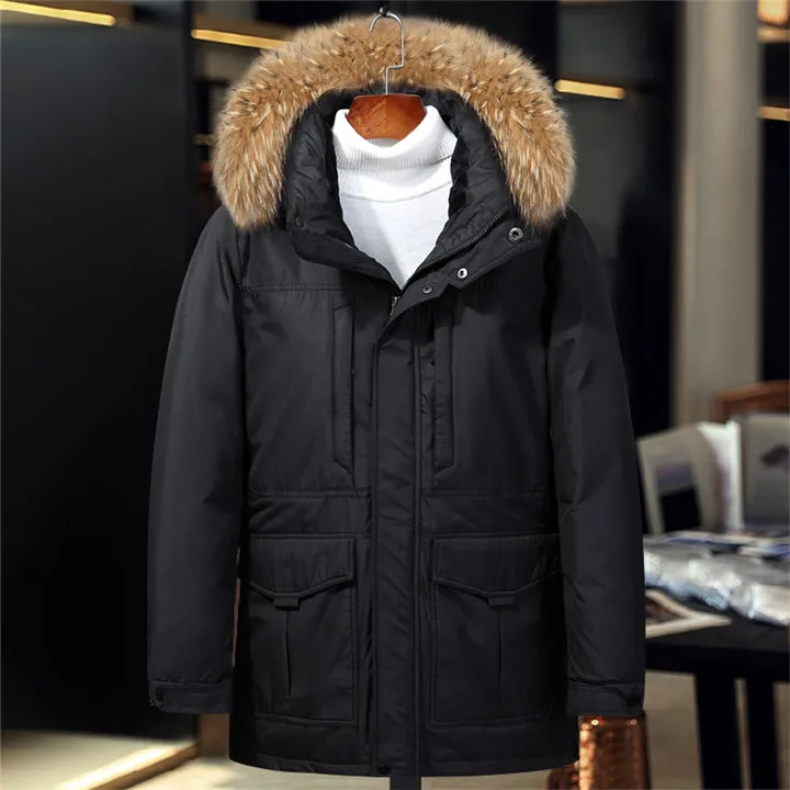 40 градусов русская зимняя куртка для мужчин средней длины воротник из натурального меха Тепловая Толстая Теплая мужская куртка-пуховик зимняя куртка - Цвет: Черный