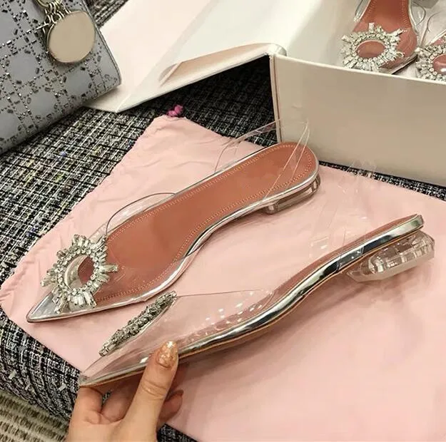 

2019 New Fashion Design Gladiator Crystals Flat Women Sandals Transparent PVC Pointed Toe Slingbacks Shoes Female De Mujer
