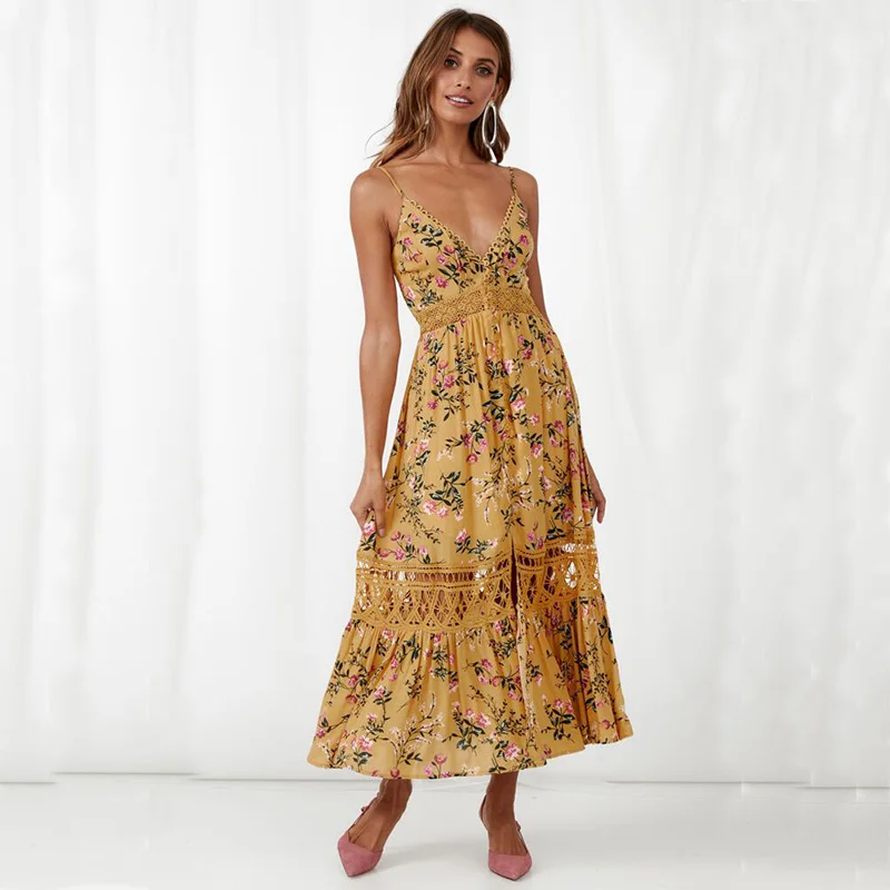 

Sexy Women floral dress Sleeveless V Neck Split Hollow Out Long Dress Slim Printed Backless Summer Beach Dress robe femme