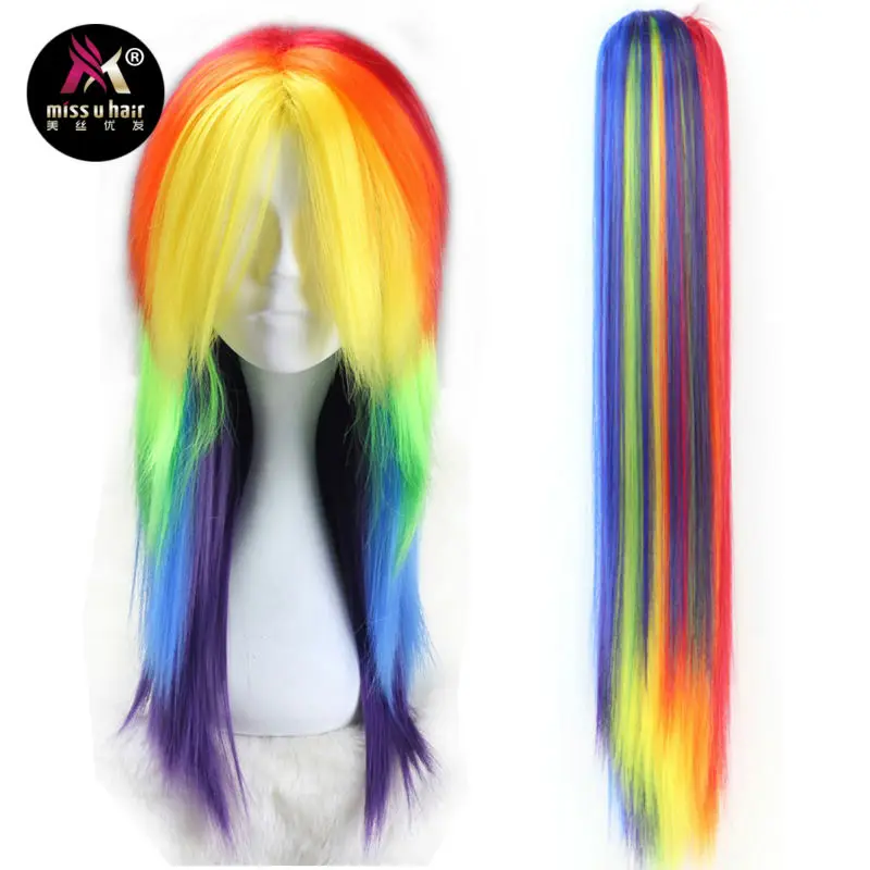 1647 5 De Descuentomiss U Pelo Sintético Chica Unisex 60 Cm Largo Pelo Recto Color Arco Iris Halloween Cosplay Disfraz Peluca Con Cola De Caballo
