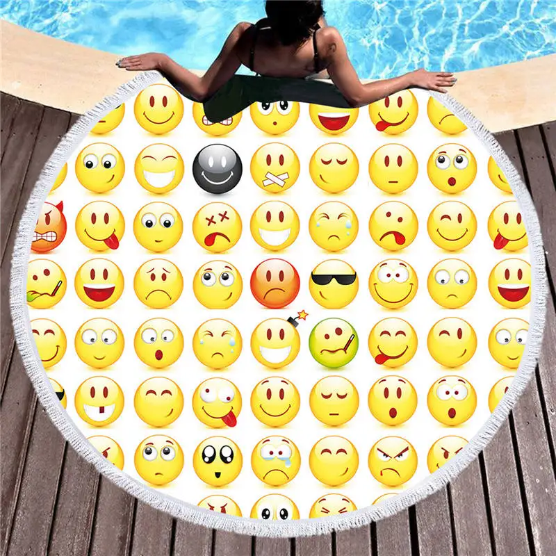 

Absorbent Round Beach Towel for Adults Microfiber Tassel Towel Emoji Blanket Large Tapestry Yoga Picnic Mats Women Beach Cover