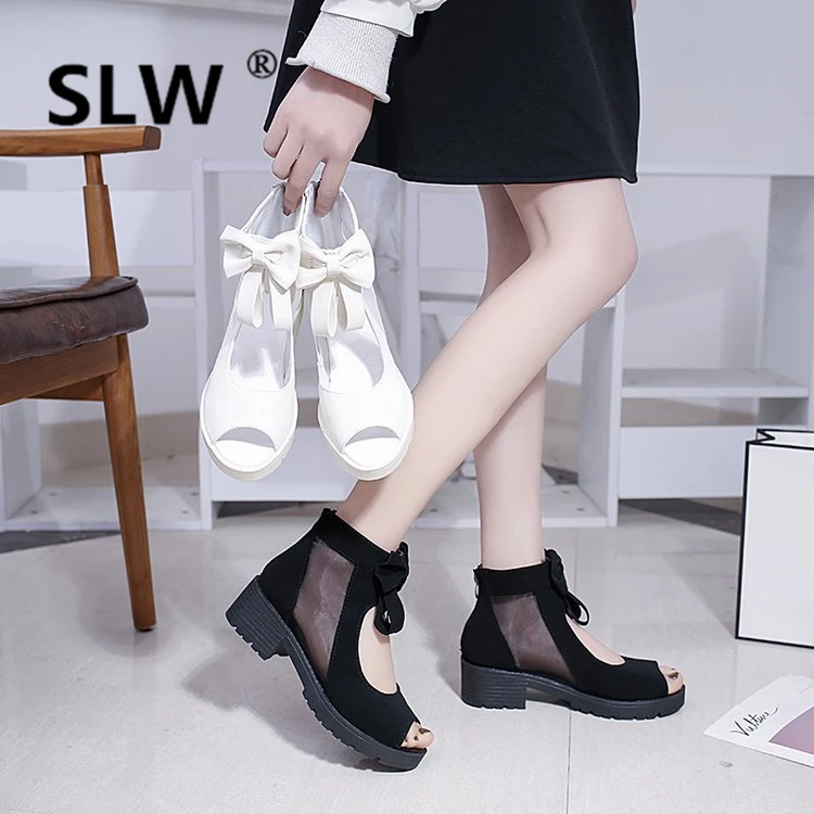 

Solid Color fur heels Sweet Butterfly-knot spring Cow Suede air mesh casual shoes women sandals summer Casual toe soulier femme